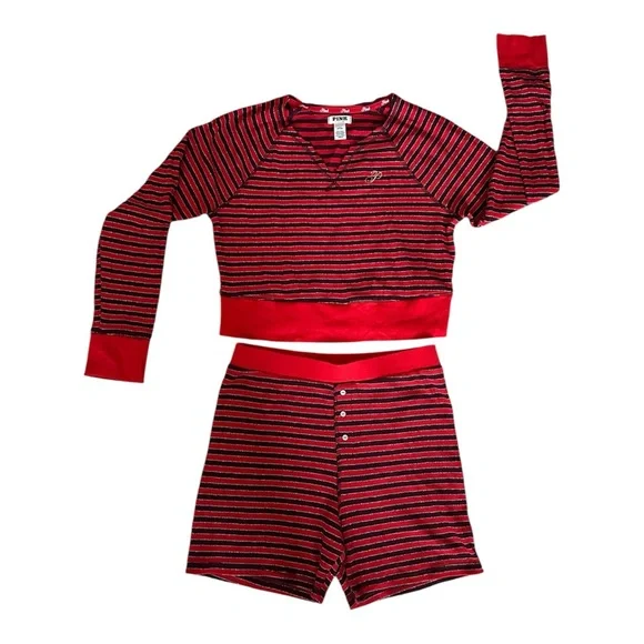 Pink Victorias Secret Thermal Short Pajama Set Bright Vermillion Lurex Stripes - Picture 3 of 3